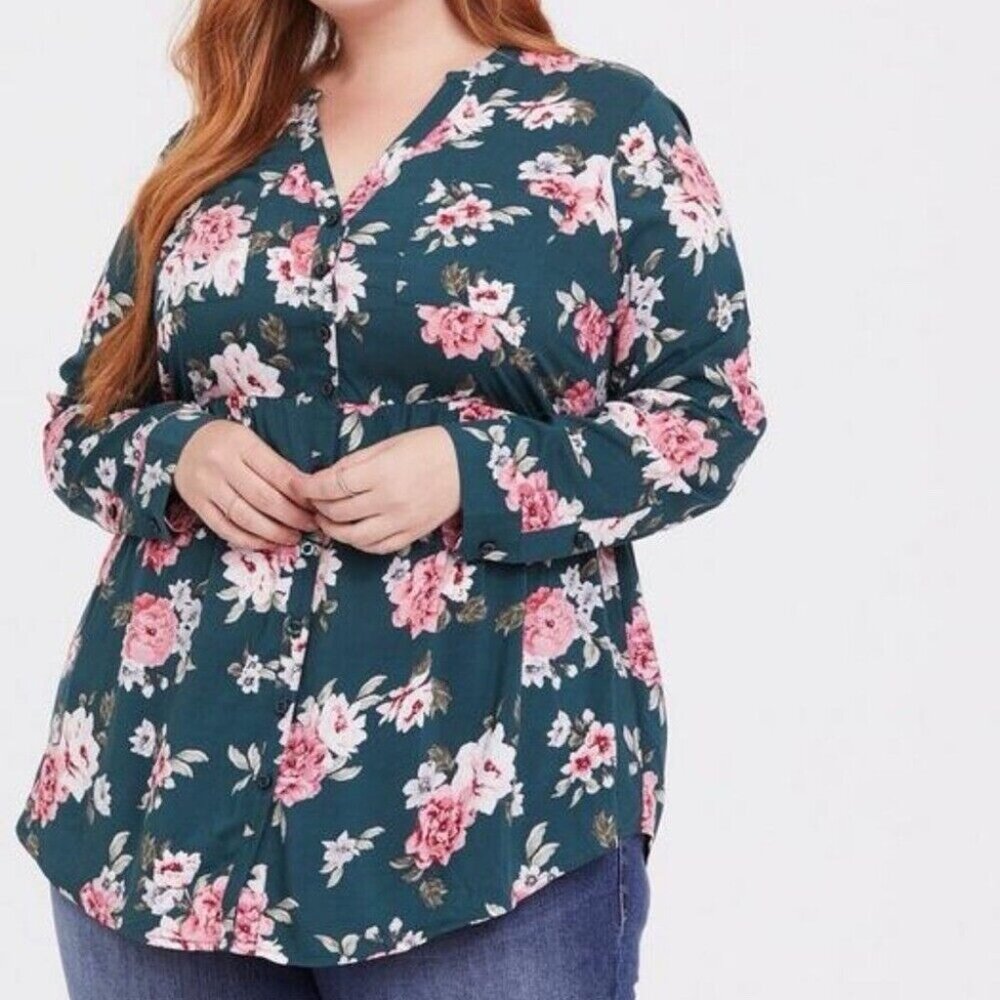 Torrid Emma Babydoll Challis Button-Front Floral Print Tunic Size 5X